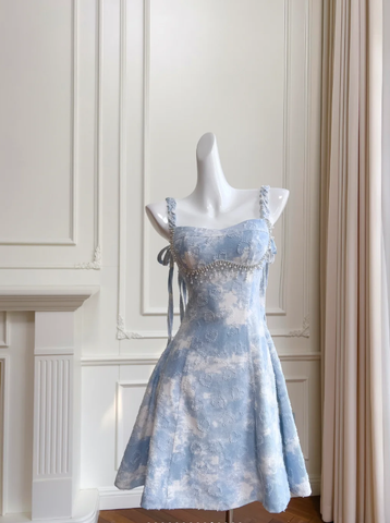 Glamorous Blue Satin Beaded Mini Prom Dress A Line Homecoming Dress Y8572