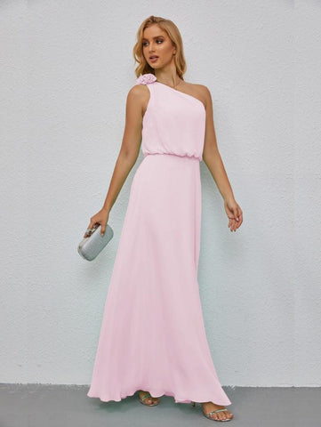 Ruffled One Shoulder Sleeveless Long Bridesmaid Dresses A-line Formal Evening Gown Side Split 28080