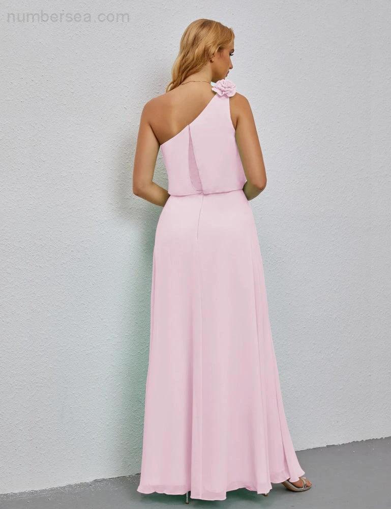 Ruffled One Shoulder Sleeveless Long Bridesmaid Dresses A-line Formal Evening Gown Side Split 28080 by numbersea