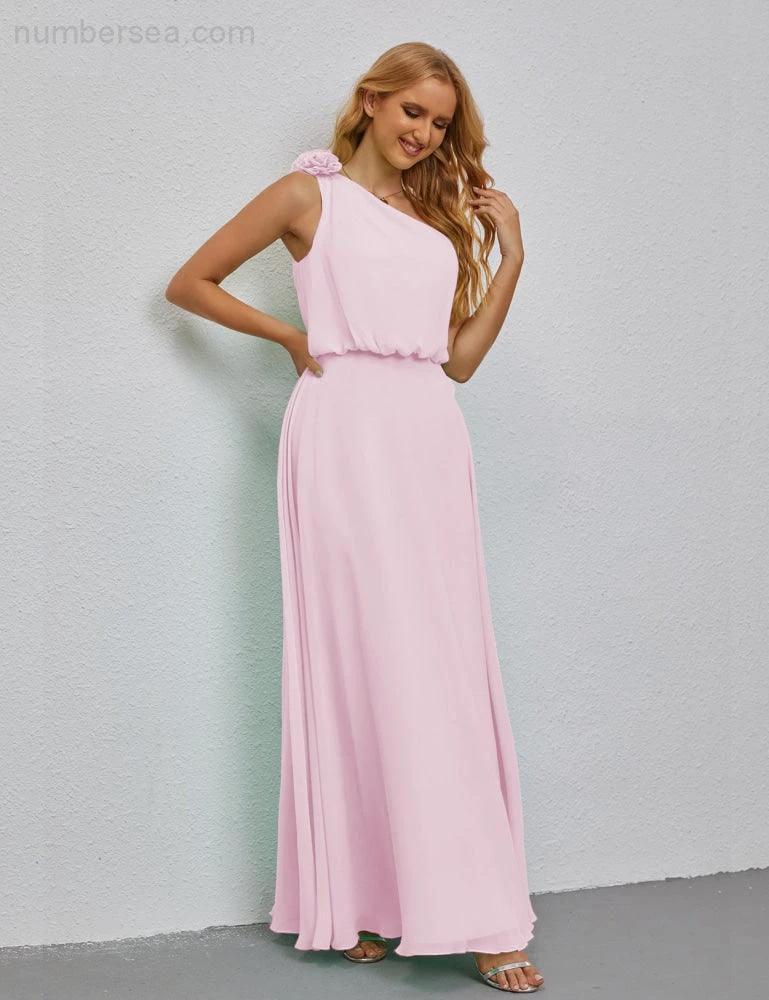 Ruffled One Shoulder Sleeveless Long Bridesmaid Dresses A-line Formal Evening Gown Side Split 28080 by numbersea