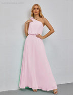 Ruffled One Shoulder Sleeveless Long Bridesmaid Dresses A-line Formal Evening Gown Side Split 28080 by numbersea