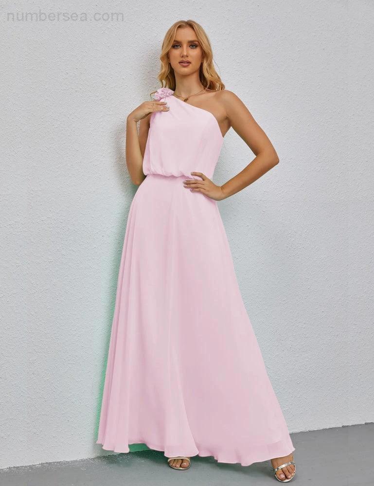 Ruffled One Shoulder Sleeveless Long Bridesmaid Dresses A-line Formal Evening Gown Side Split 28080 by numbersea