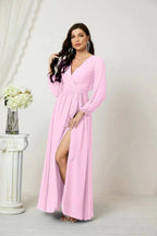 Sunnderly Evening Dresses Deep V-Neck Chiffon Bridesmaid Dresses Long Bishop Sleeve Side Split Formal Dress SY2806 by numbersea