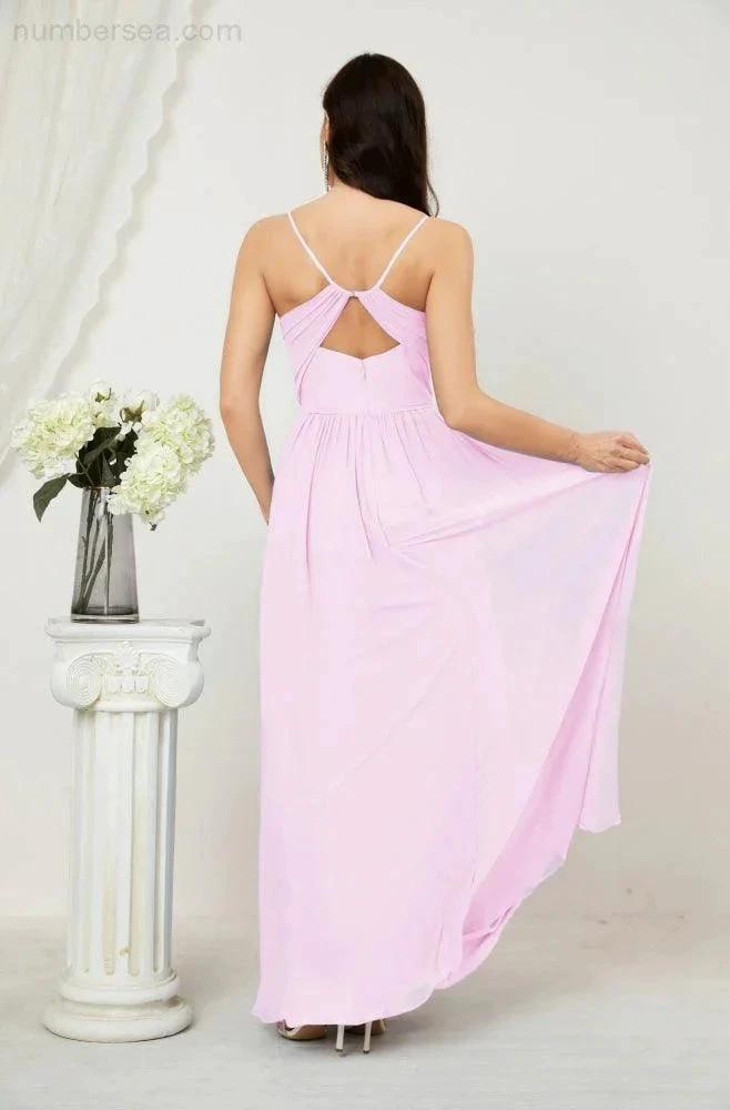 Numbersea Neck Bridesmaid Dresses Chiffon Long Spaghetti A-line Formal Prom Gown for Wedding Party Evening 2801 by numbersea