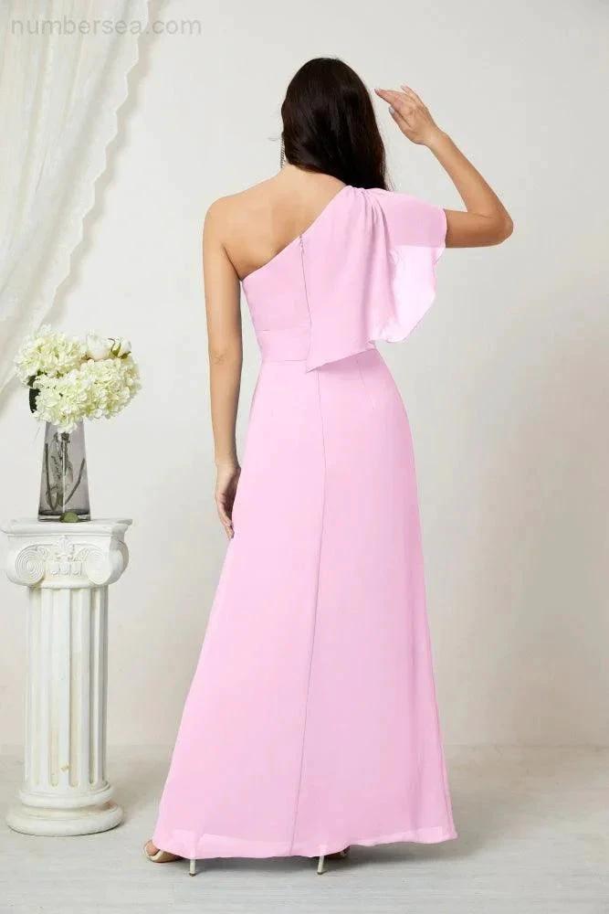 Numbersea Chiffon Ruffled One Shoulder Long Bridesmaid Dresses A-line Formal Evening Gown Side Split 2809 by numbersea