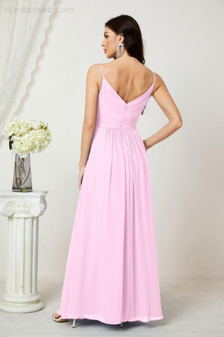 Numbersea Chiffon V-Neck Bridesmaid Dress Spaghetti Strap Long Formal Party Prom Gowns with Slit 28010