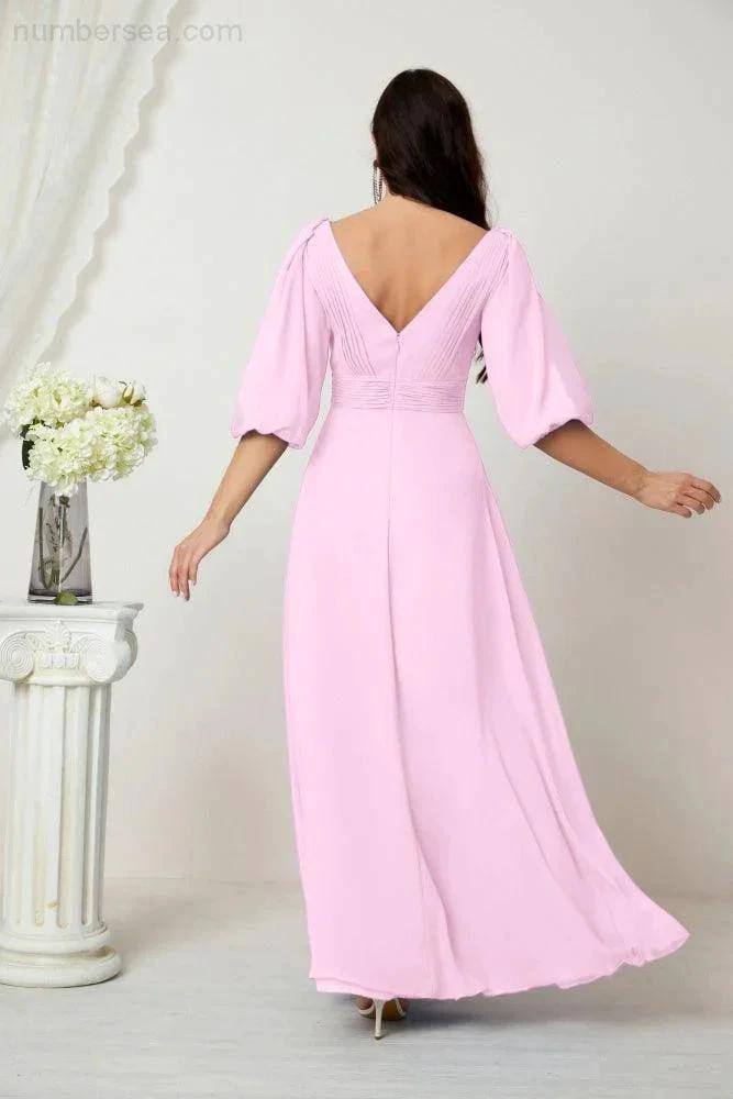 Numbersea Formal Prom Gown Women V-Neck Chiffon Bridesmaid Dresses Long Bishop Sleeve Party Dress 2807 by numbersea