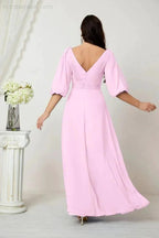 Numbersea Formal Prom Gown Women V-Neck Chiffon Bridesmaid Dresses Long Bishop Sleeve Party Dress 2807 by numbersea
