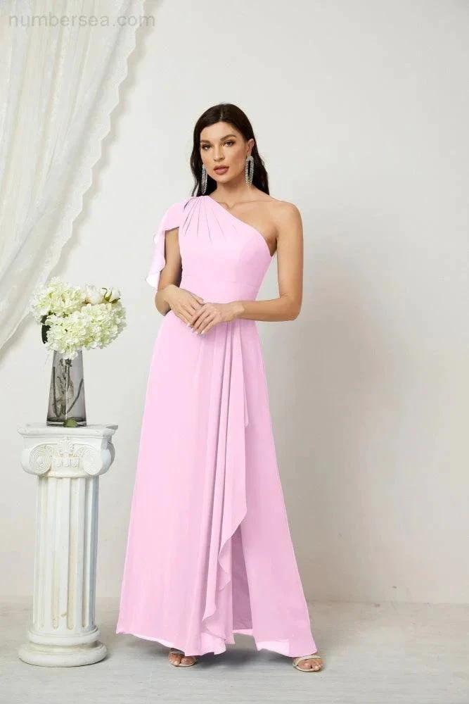 Numbersea Chiffon Ruffled One Shoulder Long Bridesmaid Dresses A-line Formal Evening Gown Side Split 2809 by numbersea