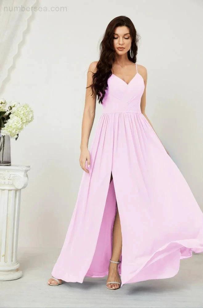 Numbersea Neck Bridesmaid Dresses Chiffon Long Spaghetti A-line Formal Prom Gown for Wedding Party Evening 2801 by numbersea