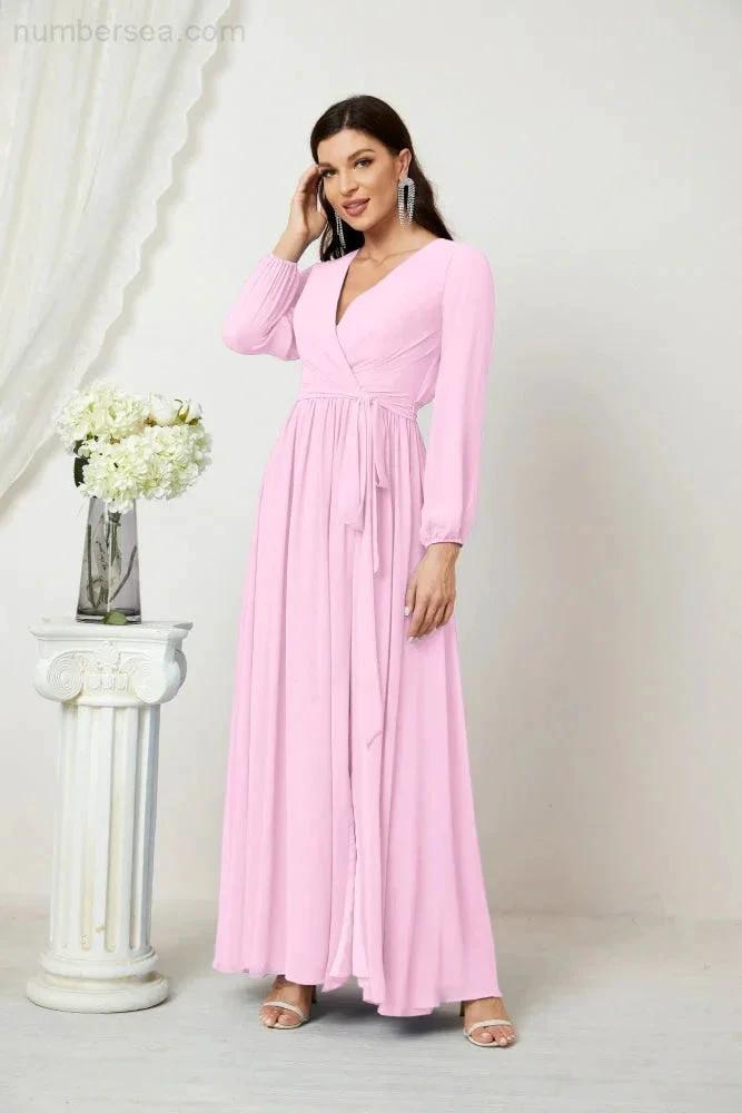 Sunnderly Evening Dresses Deep V-Neck Chiffon Bridesmaid Dresses Long Bishop Sleeve Side Split Formal Dress SY2806 by numbersea