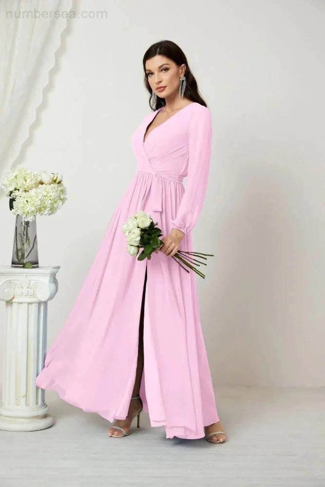 Sunnderly Evening Dresses Deep V-Neck Chiffon Bridesmaid Dresses Long Bishop Sleeve Side Split Formal Dress SY2806 by numbersea