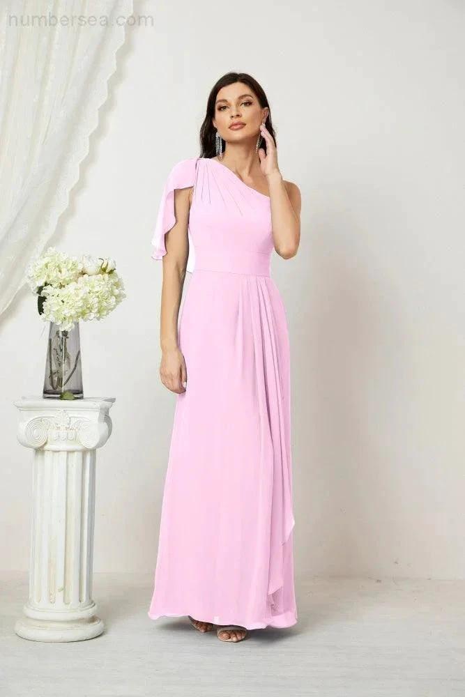 Numbersea Chiffon Ruffled One Shoulder Long Bridesmaid Dresses A-line Formal Evening Gown Side Split 2809 by numbersea