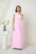 Numbersea Chiffon Ruffled One Shoulder Long Bridesmaid Dresses A-line Formal Evening Gown Side Split 2809 by numbersea