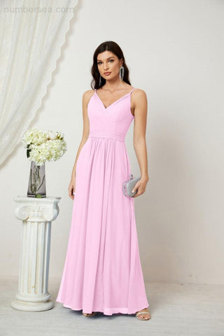 Numbersea Chiffon V-Neck Bridesmaid Dress Spaghetti Strap Long Formal Party Prom Gowns with Slit 28010