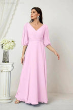 Numbersea Formal Prom Gown Women V-Neck Chiffon Bridesmaid Dresses Long Bishop Sleeve Party Dress 2807 by numbersea
