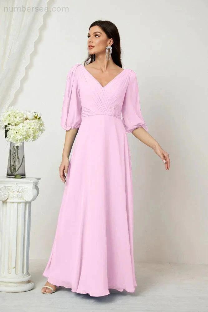 Numbersea Formal Prom Gown Women V-Neck Chiffon Bridesmaid Dresses Long Bishop Sleeve Party Dress 2807 by numbersea