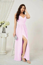 Numbersea Neck Bridesmaid Dresses Chiffon Long Spaghetti A-line Formal Prom Gown for Wedding Party Evening 2801 by numbersea