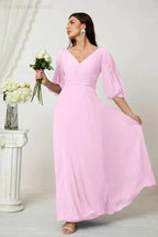 Numbersea Formal Prom Gown Women V-Neck Chiffon Bridesmaid Dresses Long Bishop Sleeve Party Dress 2807 by numbersea