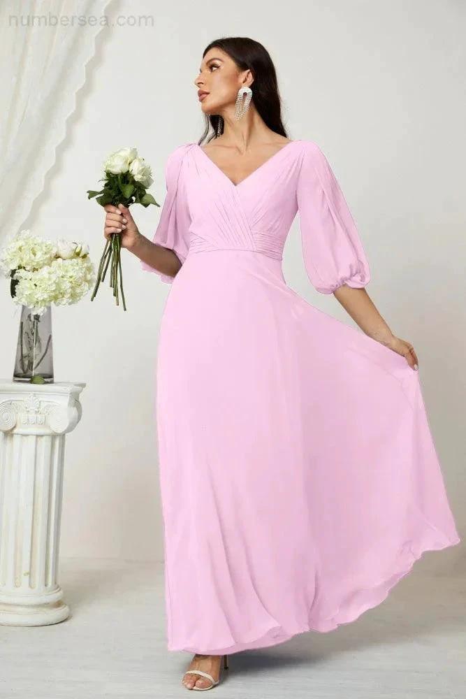 Numbersea Formal Prom Gown Women V-Neck Chiffon Bridesmaid Dresses Long Bishop Sleeve Party Dress 2807 by numbersea