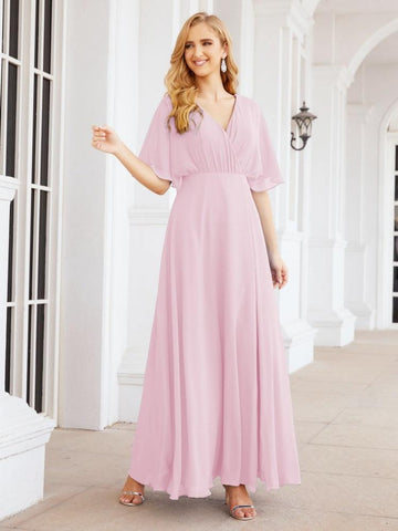 Numbersea V-Neck Bridesmaid Dress Chiffon Long Open Back Formal Dresses for Women Party Evening 28067