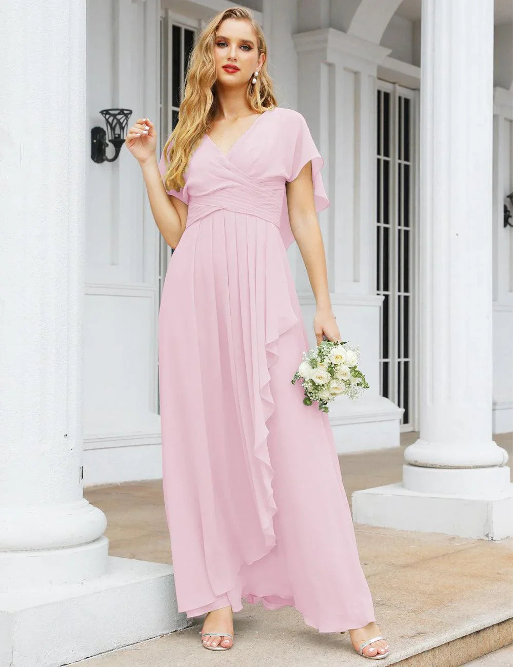 Numbersea Chiffon Bridesmaid Dresses Long Formal Evening Prom Mother of The Bride Dress with Flutter Sleeve     SEA28040