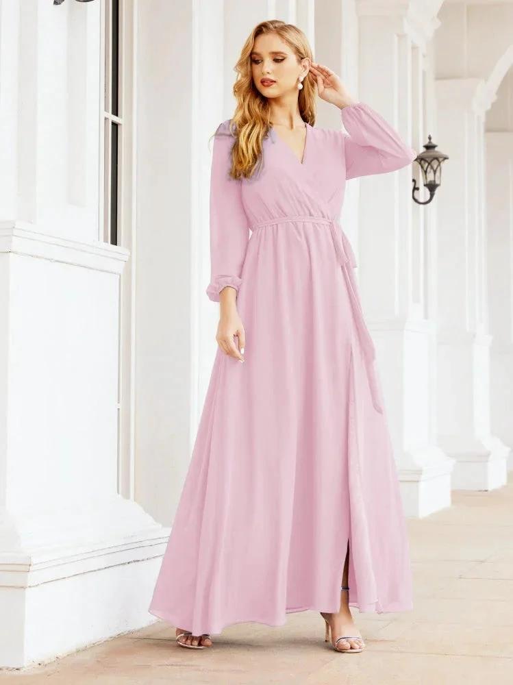 Sunnderly Women's Chiffon Bridesmaid Dress A line Long Sleeves Formal Evening Prom Gown for Wedding Guest SY28032 by numbersea