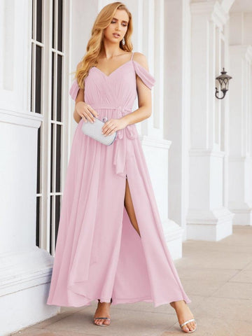 Numbersea Off The Shoulder Chiffon Bridesmaid Dress Long Formal Graduation Gown with Cowl Back 28069