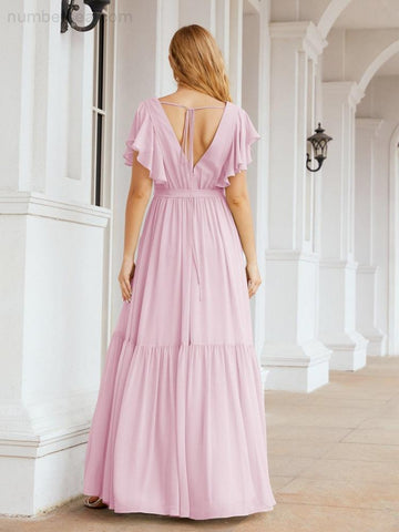 Numbersea Women's Open Back Formal Evening Party Prom Gowns V-Neck Long Chiffon Bridesmaid Dresses with Waist Belt 28038
