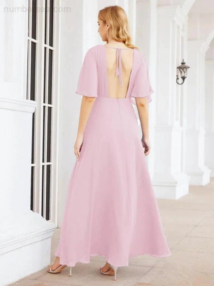 Numbersea V-Neck Bridesmaid Dress Chiffon Long Open Back Formal Dresses for Women Party Evening 28067 by numbersea