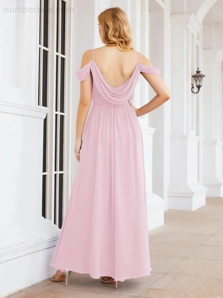 Numbersea Off The Shoulder Chiffon Bridesmaid Dress Long Formal Graduation Gown with Cowl Back 28069 by numbersea