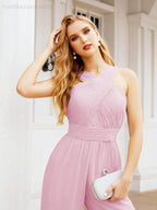Numbersea Crisscross Neck Jumpsuit Formal Evening Dress Long Bridesmaid Dresses Bell-bottomed Pants 28033 by numbersea