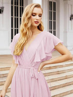 Numbersea Women's Open Back Formal Evening Party Prom Gowns V-Neck Long Chiffon Bridesmaid Dresses with Waist Belt 28038 by numbersea