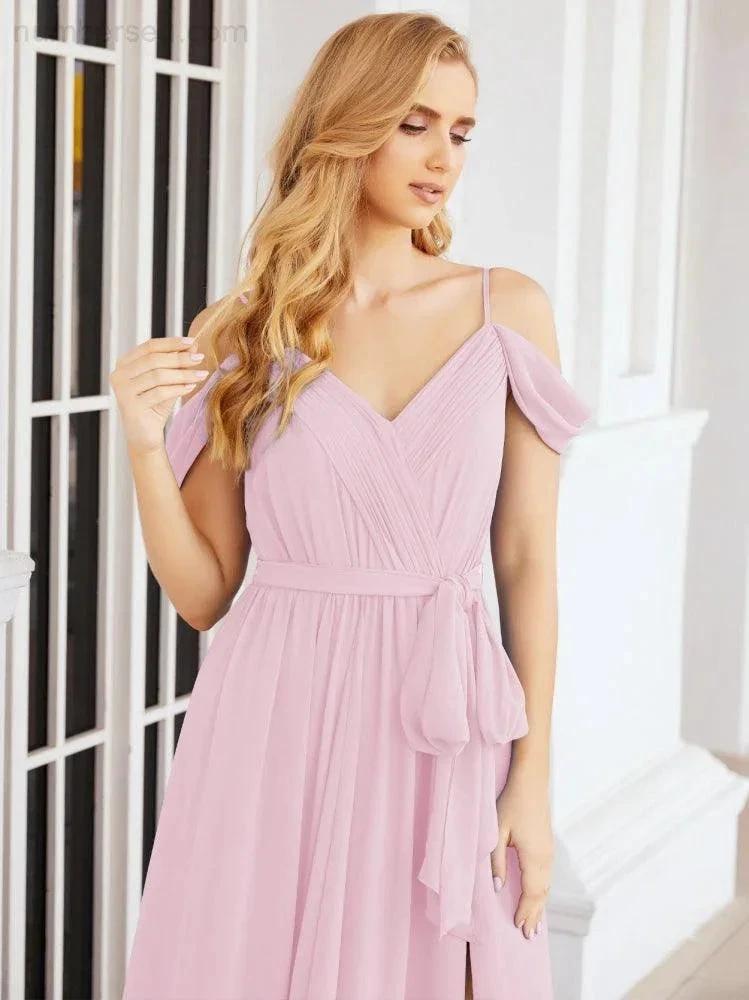 Numbersea Off The Shoulder Chiffon Bridesmaid Dress Long Formal Graduation Gown with Cowl Back 28069 by numbersea