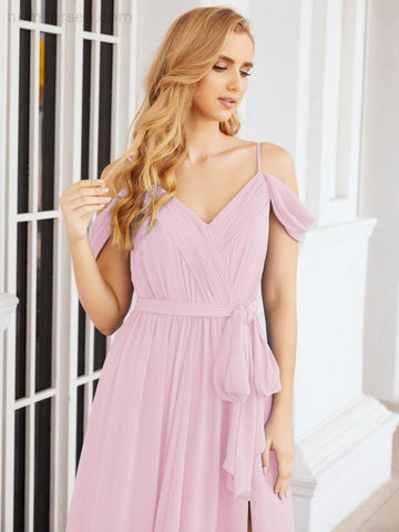 Numbersea Off The Shoulder Chiffon Bridesmaid Dress Long Formal Graduation Gown with Cowl Back 28069