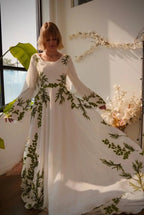 Luxury White & Green Botanical Print Cape Boho Train Wedding Dress SW642