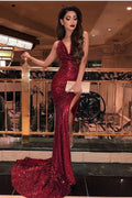 Split Side Spaghetti Straps Sequins Burgundy Mermaid Long Prom Dress by BIZTUNNEL
