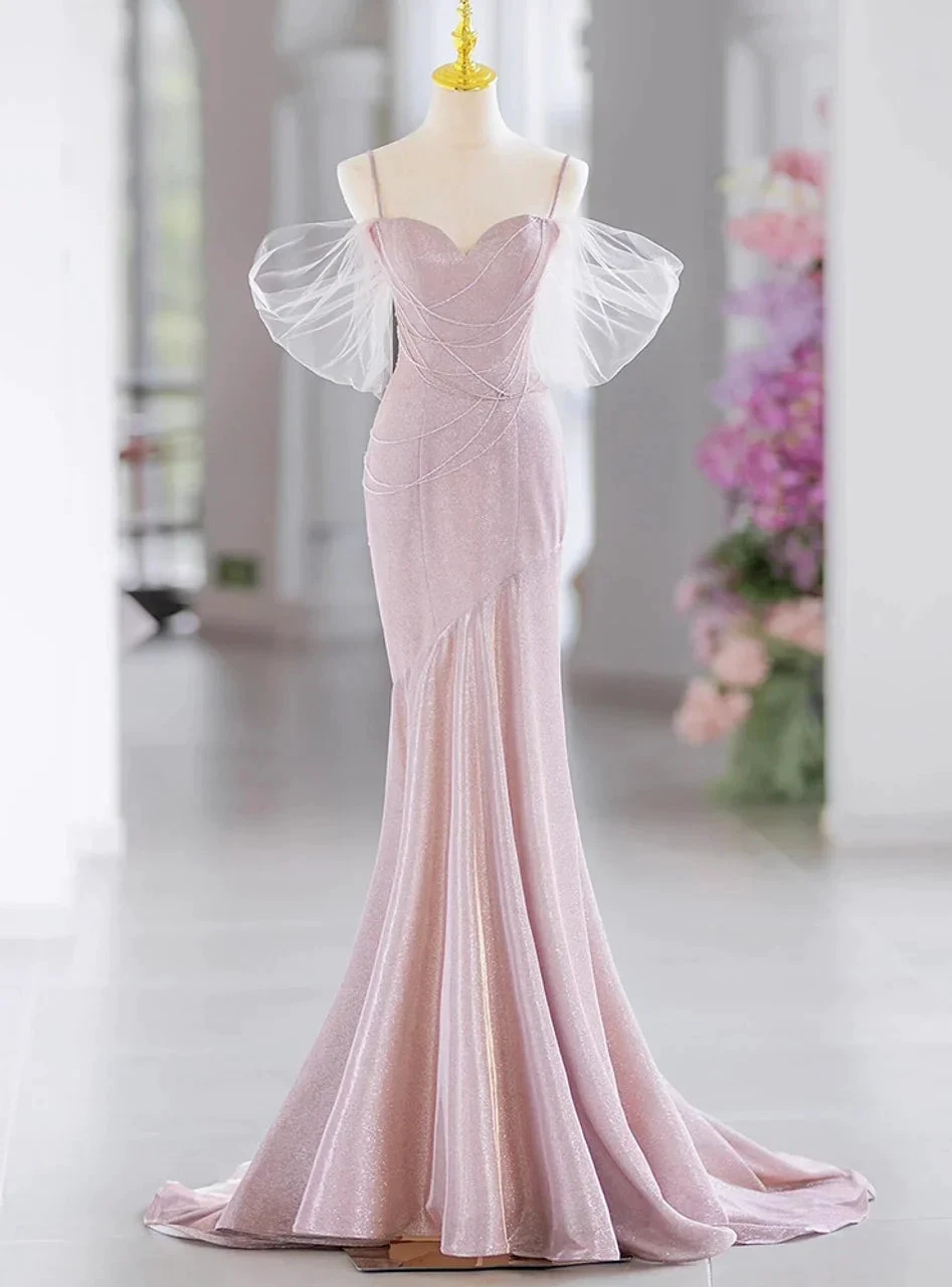Elegant Pink Mermaid Spaghetti Straps Beading Prom Evening Dress Y7615 by simplepromdress