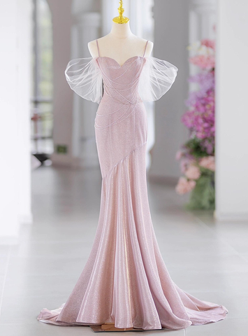 Elegante vestido de noche de sirena rosa con tirantes finos y cuentas Y7615