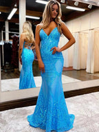 V Neck Pink Glitter Backless Mermaid Bodycon Long Prom Dress by KissProm