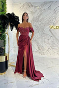Stunning Long Off The Shoulder Satin Mermaid Prom Dress with Slit by BIZTUNNEL