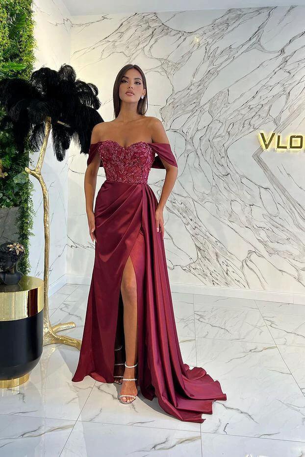 Stunning Long Off The Shoulder Satin Mermaid Prom Dress with Slit by BIZTUNNEL