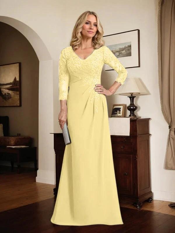 Sheath/Column V-Neck Illusion Floor-Length Lace Chiffon Mother of the Bride Dress With Pleated Sequins by Dreamylily