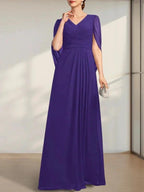 A-line V-Neck Floor-Length Chiffon Mother of the Bride Dress With Pleated by Dreamylily