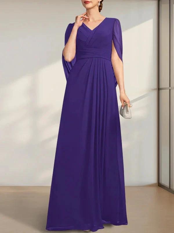 A-line V-Neck Floor-Length Chiffon Mother of the Bride Dress With Pleated by Dreamylily