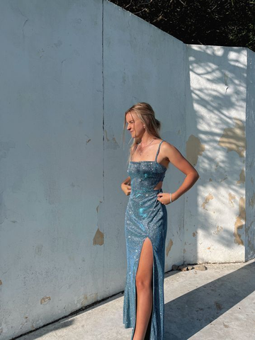 Glänzendes Spaghettiträger Etuikleid mit Schlitz Ballkleid Langes Abendkleid Y7443