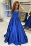 Simple A Line Royal Blue Satin Long Prom Dress, Long Blue Formal Graduation Evening Dress Y225