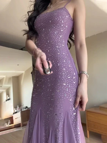 Sexy Mermaid Spaghetti Straps Purple Chiffon Beaded Evening Dress Prom Dress Y7812