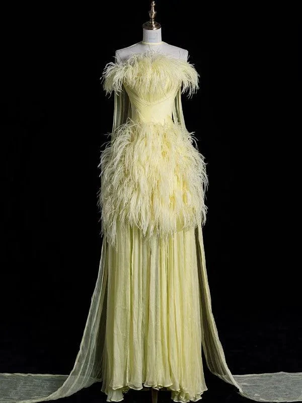 Gorgeous Tulle Feathers Strapless Evening Dress Yellow Formal Evening Gown Y8007 by simplepromdress