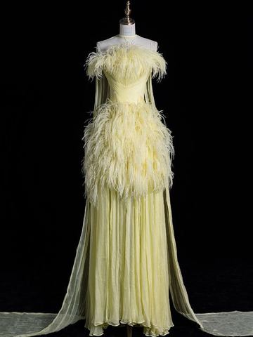 Hermoso vestido de noche amarillo sin tirantes con plumas de tul y vestido formal de noche Y8007